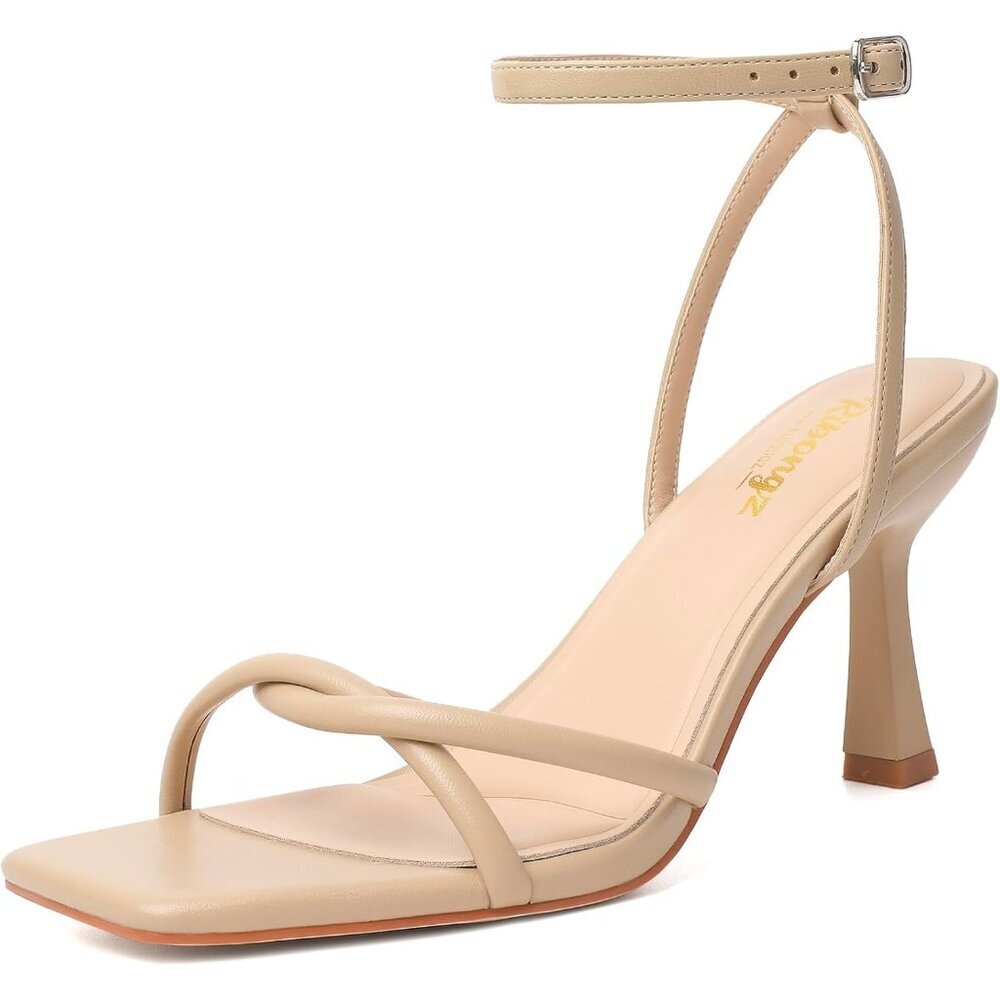 Women's Tan Square Open Toe Kitten Strappy Ankle Strap Heeled Sandals Shoes